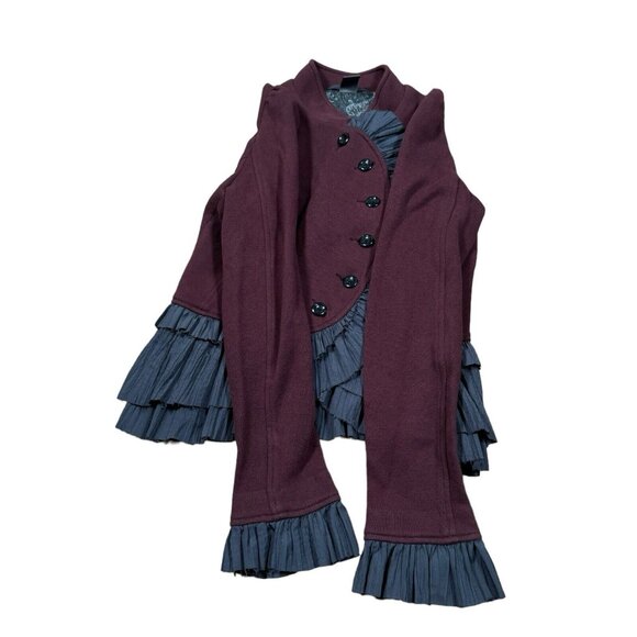 Free People Boho Jacket Women’s Sz 6 Military Ruffles Blazer Burgundy Gray - Picture 3 of 12